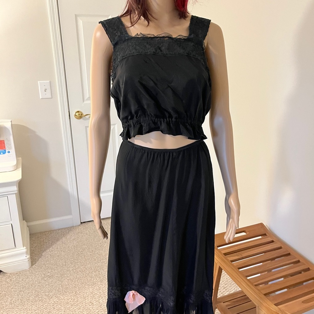 Vintage Black Silky Top & Matching Slip. Size L